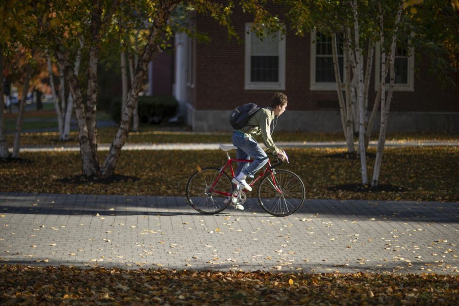 Tuesday morning, Oc. 15, 2019A student bikes down Alumni Walk in front of Pettigrew Hall.