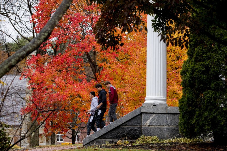 Fall foliage on a rainy, overcast day on the Historic Quad and Alumni Walk.

In gray sweatshirt Ciaran Bardong '22
In multi-colored/red sweatshirt Luke Sedore Protti '22
In black sweatshirt Charlie Cronin '22

Running up and down the stairs of Alumni Walk after asked by the photographer