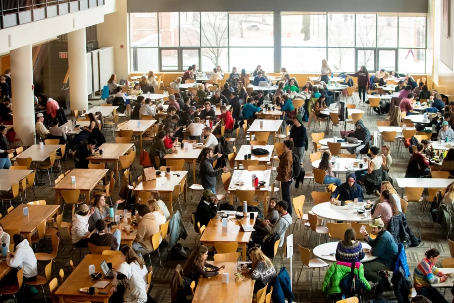 Shown from above, students eat at Bates’ dining commons.