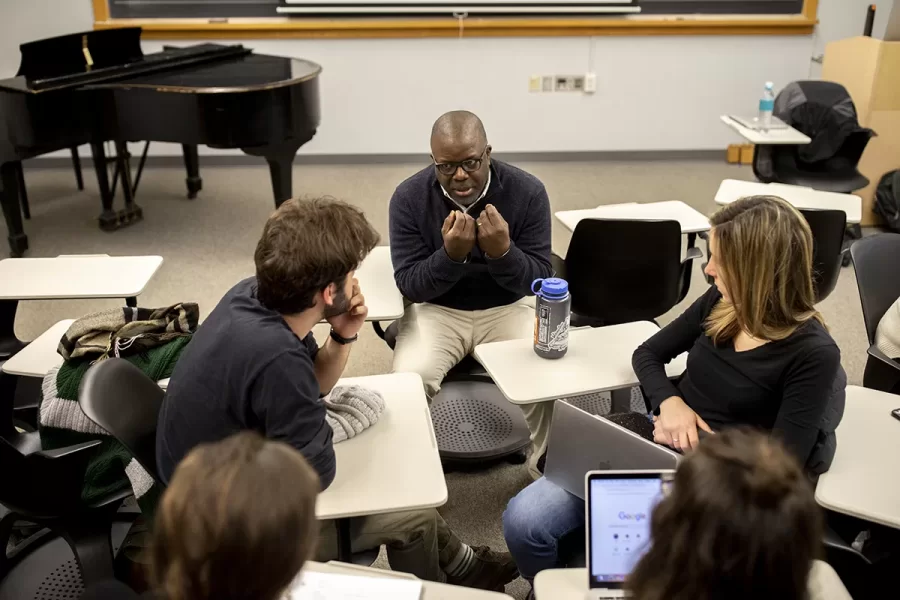 Afro-Cuban Hiphop artist Pablo D. Herrera Veitia led a workshop yesterday titled “Let's Talk About Cultural Production, Frankly” with Bates students in Olin Arts Center 128. . Herrera Veitia has managed urban musicians and music-related projects in Cuba for more than 20 years. He is considered Cuba's most influential beat-maker and a pioneer of the Cuban Hiphop sound, which is highly influenced by Afro-Cuban music and culture. He is a 2018-19 Nasir Jones Fellow Hutchins Center for African African American Research, Harvard University, and a doctoral candidate in social anthropology, University of St Andrews, Scotland. . During the workshop, Herrera Veitia discussed how he has engaged in cultural production in and outside of Cuba and asked students to consider “What motivates us to be cultural producers?” The participants broke into small groups to propose hypothetical cultural productions and the roles they might play in them. He then asked the each student to share their individual identities — their passions — as cultural producers. Cultural production, he pointed out, can be — but is not exclusively —music or theater or film. ”As active citizens, we’re all doing culture in our own way,” he said. . Herrera Veitia will offer the same workshop on Thursday, Feb 28 at 4:15pm in Olin 128. and Friday, March 1 at 4:15 in a TBD location. For more information, call 207-786-6135 or olinarts@bates.edu. His visit to Bates was sponsored by the Latin American Studies Program, the Department of Music, and an NEH Learning Associates Grant.