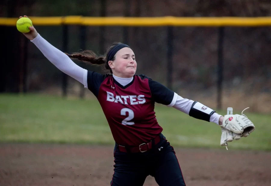 Game 1 of Doubleheader
Payton Buxton threw a no-hitter in Game 2 and led Bates with four hits as the Bobcats swept UMaine-Farmington in a doubleheader on April 17, 2018. (File photo by Phyllis Graber Jensen/Bates College)
LEWISTON, Maine -- Sophomore Kirsten Pelletier threw a five-inning shutout in Game 1 and first-year Payton Buxton tossed her first collegiate no-hitter in Game 2 as the Bates softball team swept a doubleheader against UMaine-Farmington 9-0 and 8-1 Tuesday afternoon at Lafayette Street Field.