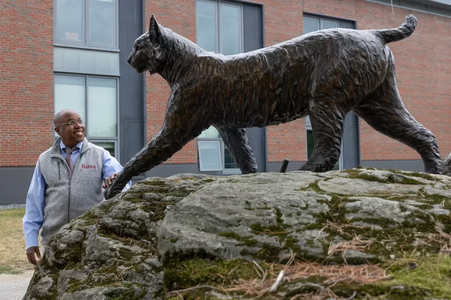 The Bobcat sculpture was moved this morning, Aug. 29, 2025, to its new location adjacent to the south side of Garcelon Field. Present were project managers Chris Streifel, director of capital panning and construction, and President Garry W. Jenkins as workers made the final adjustments.