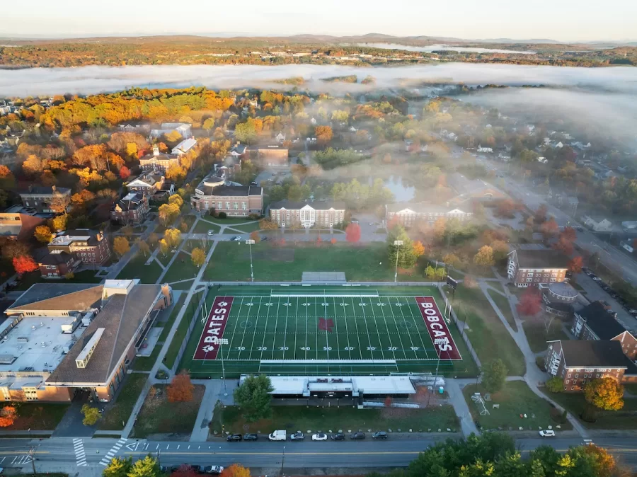 Drone photography of Bates College campus captured on October 24, 2025.