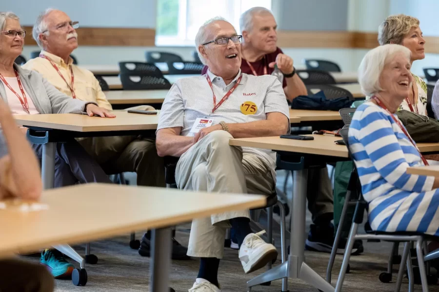 Members of the Class of 1975 attend a session in Pettengill G52 about the Bates Outing Club on June 6, 2025, during their 50th Reunion.
