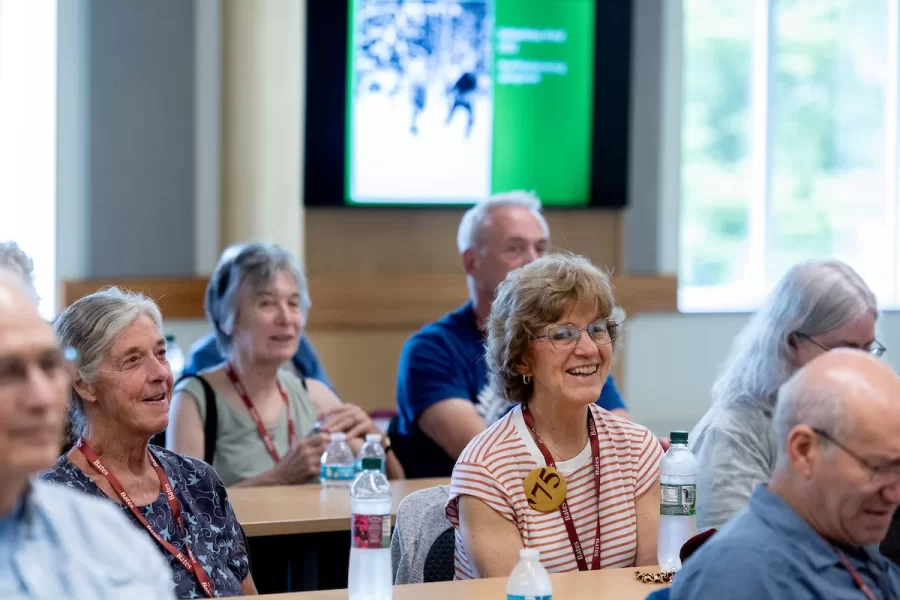 Members of the Class of 1975 attend a session in Pettengill G52 about the Bates Outing Club on June 6, 2025, during their 50th Reunion.