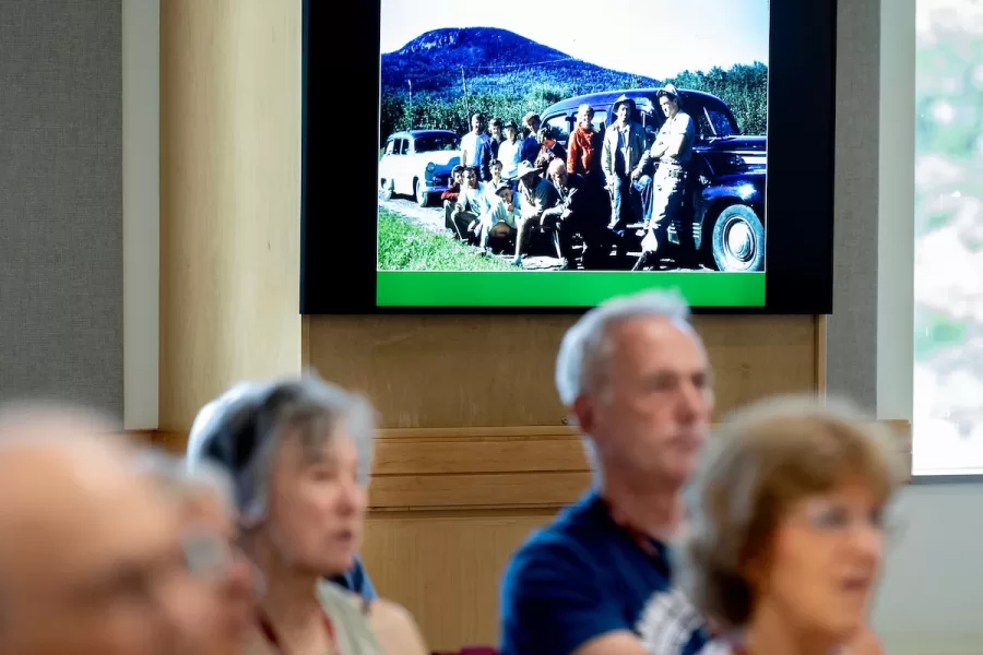Members of the Class of 1975 attend a session in Pettengill G52 about the Bates Outing Club on June 6, 2025, during their 50th Reunion.