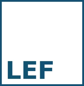 LEF Foundation logo - Dark blue outline of a box, with letters LEF in all capital letters in bottom left corner
