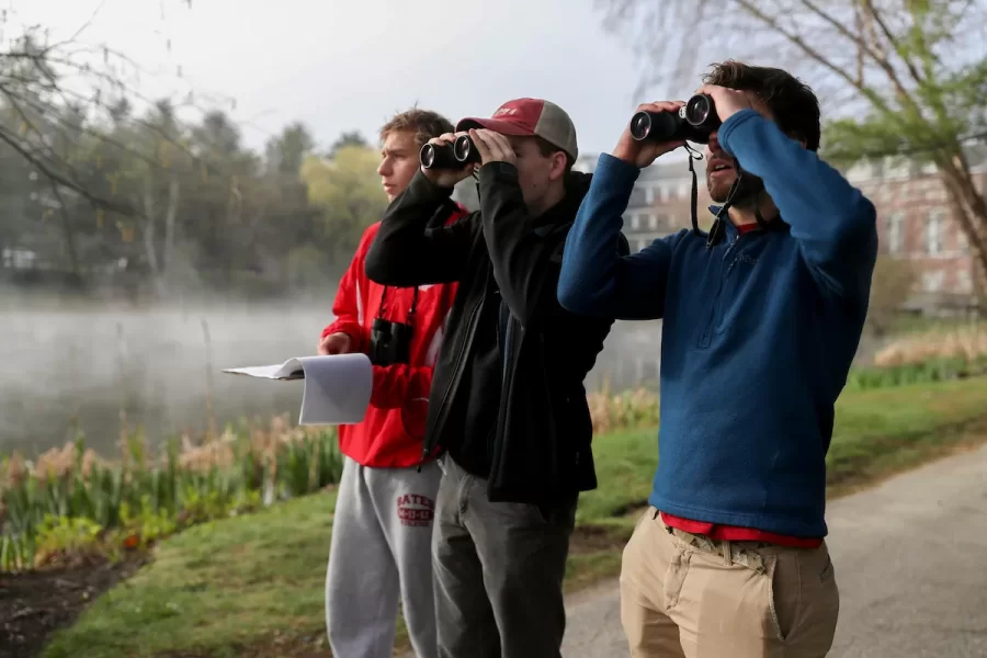 Professor of Biology Don Dearborn teaches a Short Term course called Bio s32 "Avian Biology/Lab."
They began in front of Carnegie Science at 6 a.m. and dispersed with binoculars and maps after having bagels and juice. Their assignment was to map the locations of several different kinds of birds. 
“Instructions: Visit your assigned areas of campus. Walk slowly through the area to cover it fully. Map any observations of our focal species, using the symbols from above. Movements of individual birds are very useful, as are simultaneous observations of two different birds.”

Ellie Bengtsson, red 
Adam Zupanic, green
Sam Reis, grey and pink sweatshirt
Tess Miller, blue and white Patagonia
Anna Helms, blue hoodie
Madison Liistro, green fleece
Ryan Main, blue jacket, King Athletics
Paige Guevarra, brown and white sweater

Gabe Benson ‘20 of Maplewood, NJ (red CC jacket)
Will Nelligan ’20 of South Portland, Maine (black jacket)
Ian Rashleigh, ’20 of Tiverton, R.I., (blue marmot)

Robin
Morning Dove
Red Wing Blackbird