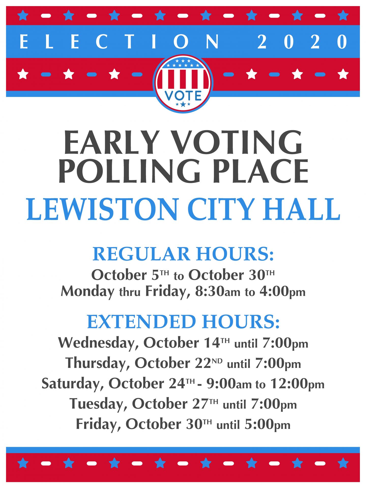2020 Early Voting Hours at Lewiston City Hall Harward Center Bates