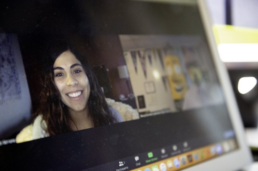 Bates College senior Jillian Serrano is one of about 40 Bates students who provide tutoring lessons to Lewiston High School students remotely.