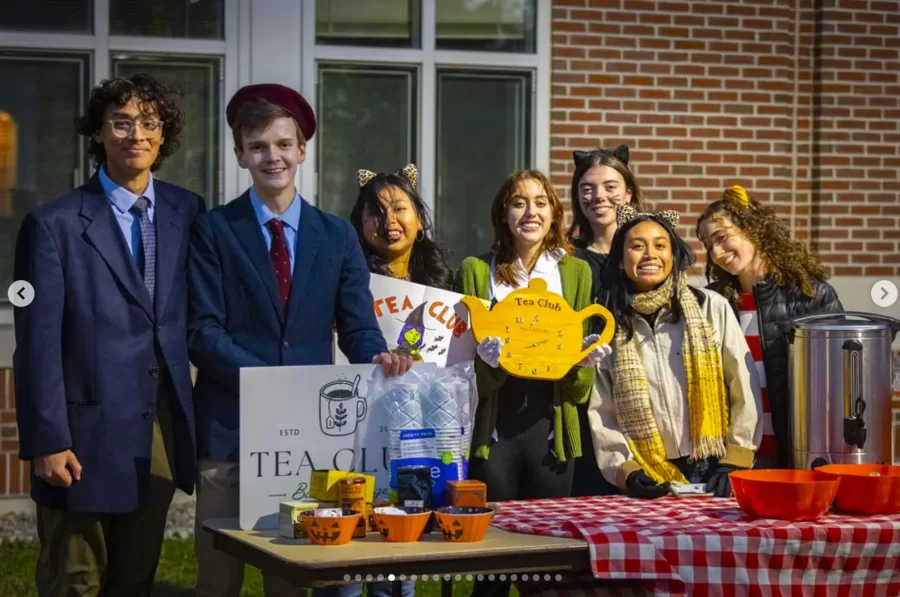The BatesTea Club welcomes neighborhood children in front of Pettengill Hall during this year's Community HalloweenTrick or Treat.