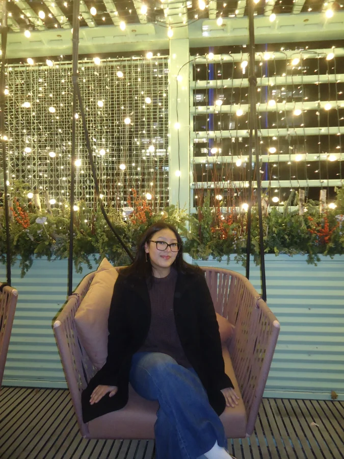 a student seated on a swing with decorative lights and scenery in the background