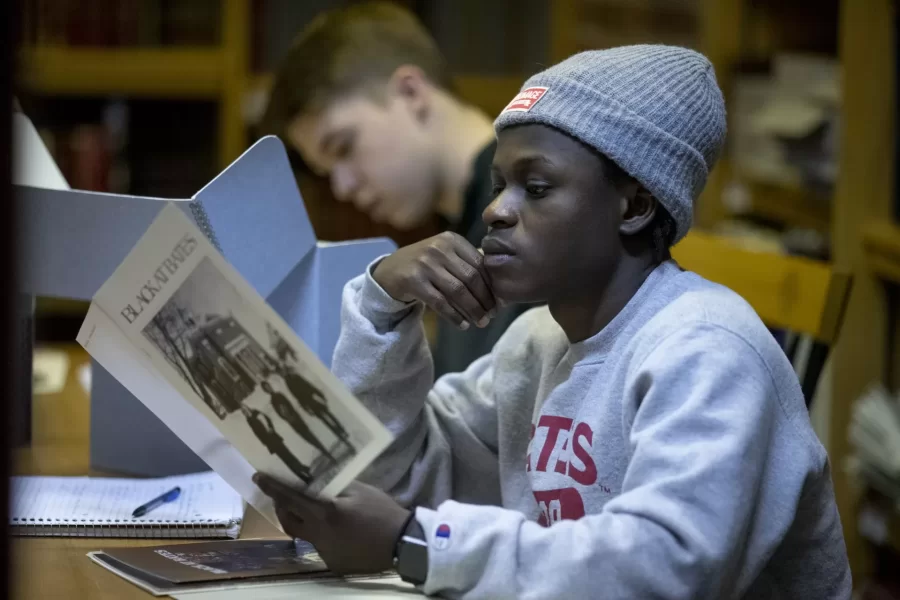 "HOW COLLEGES CONFRONT THEIR RACIST PASTS”
February 28that 7 pm
Pettengill Hall, G21

Sponsored by the Department of History

Kristen Doerer (in red and black blazer) a freelance journalist based in Washington, DC. She has written for the PBS NewsHour, The Guardian, The Chronicle of Higher Education, and Teen Vogue, among others. She has covered topics ranging from the business of women's boxing and youth gun control activism to solutions in higher education and national U.S. politics. Doerer graduated from Bates College in 2014, with a degree in U.S. history. 
____________________________

Joe Hall, associate professor history

Pat Webber, Information & Library Services
Director of Archives and Special Collections, Muskie Archives

Caitlin Lampman, Information & Library Services, Reference and Outreach Archivist, Muskie Archives

Student is Joe Hall's historical methods course visit the Muskie Archives where they learned about what the Archives has to offer and examined materials that included papers from Oren Chaney and the Bates Debte Society, as well as printed materials from Admission promoting the College.

Ursula Rall, glasses and black/gray sweater
Evandro Monteiro, hoodie with scarf
Nell Pearson, stripes
Annabel Mahon, grey sweater and scarf
Benni Magnusson McComish, green plaid
Eric Opoky, gray hat and Bates sweatshirt
Ke'ala Brosseau, black sweater
Andrew Facing, green sweater
Zach Jonas, white button-down shirt, black pattern
Xin "Judy" Wang '20, blazer, necklace
 
. Students in Associate Professor of History Joe Hall’s historical methods course visit the Muskie Archives where they learned about what the Archives has to offer and examined materials that included papers from Oren Chaney and the Bates Debate Society, as well as printed materials from Admission promoting the College.  From left, Benni Magnusson McComish, Zach Jonas, Eric Opoku, Andrew Fasciano, and Ke'ala Brosseau.