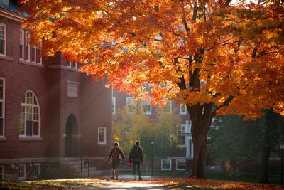Fall on campus; foliage on the Historic Quad in the vicinity of Hedge and Ladd Library.