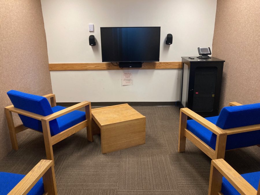 Study Room with four lounge chairs, tv, dvd/bluray