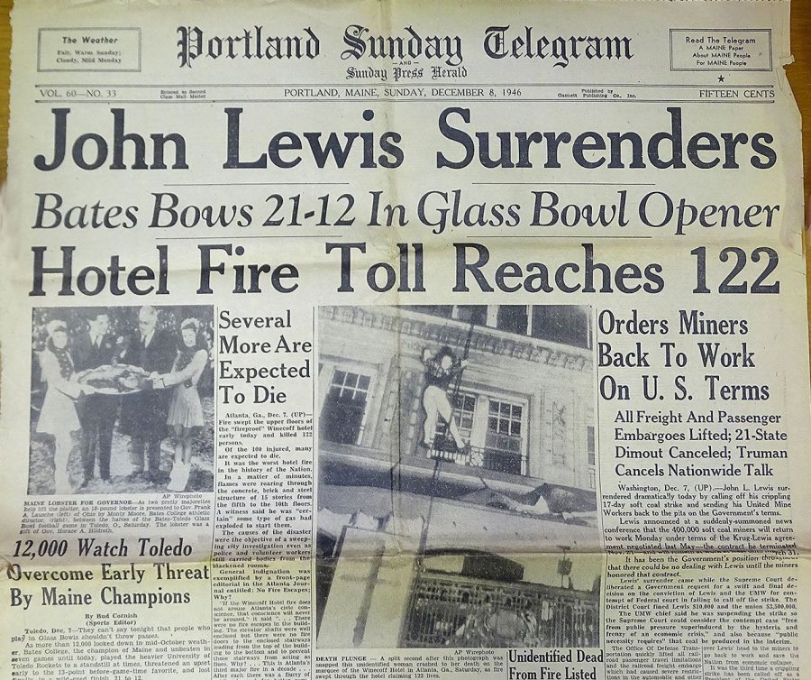 The front page of the Dec. 8, 1946, Portland Sunday Telegram features the Glass Bowl result between two other major stories of the day.