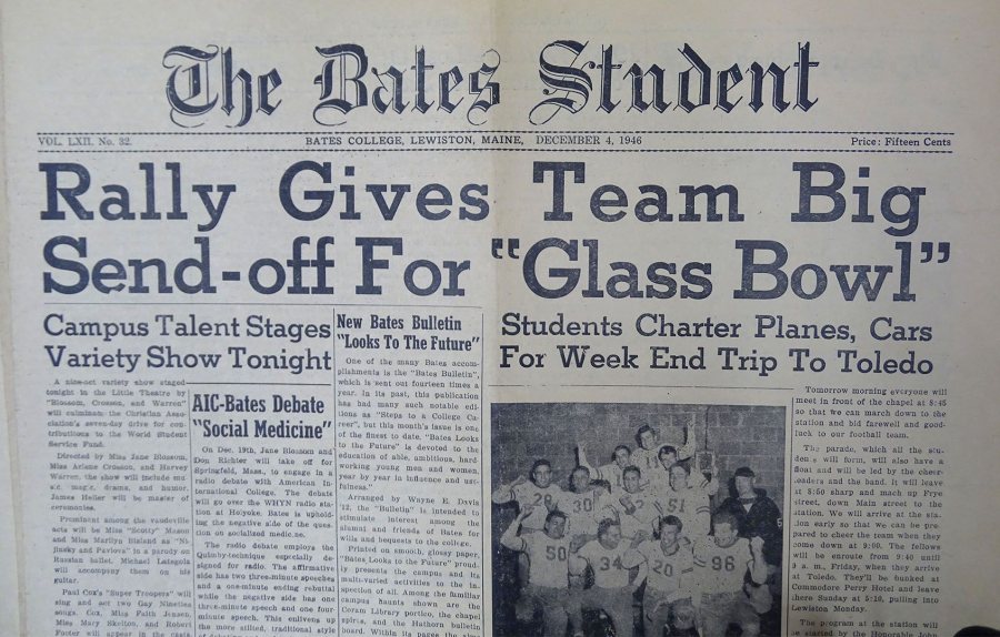 The Dec. 4, 1946, issue of The Bates Student gave support for the Bobcats heading to Ohio for the Glass Bowl.