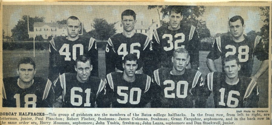Then a Bates sophomore, Harry Mossman '65 poses with other football halfbacks in fall 1962.
