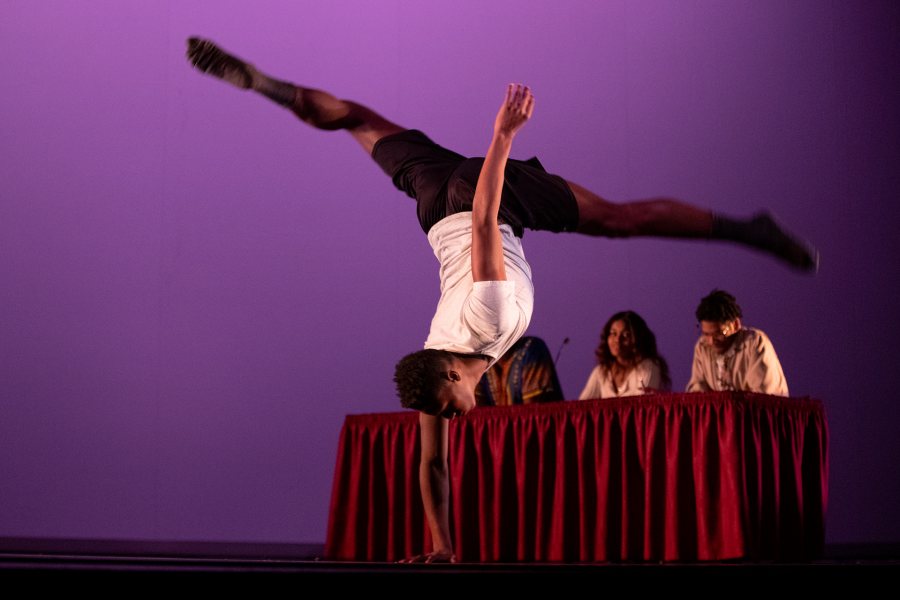 Osceola Heard ’22 leaps past a panel of judges in one of several brilliant performances by Bates students during the 2019 Sankofa event. (Phyllis Graber Jensen/Bates College)