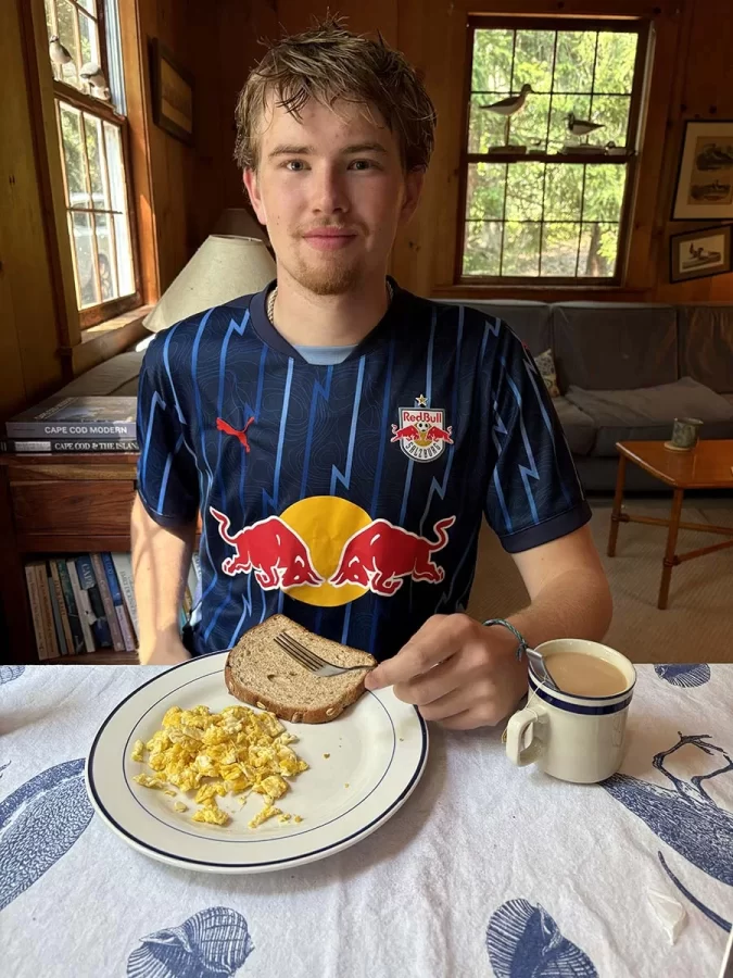 Charlie with eggs and toast in his beloved cabin