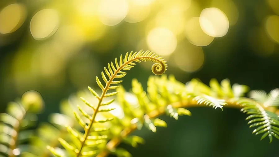 Fern unfurling with sunlight in the background