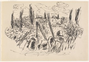 Marsden Hartley, [Dogtown Study: Rocks, Junipers, Fenceposts], ca. 1930s, black ink on white paper, 6 7/8 x 9 7/8 in., Marsden Hartley Memorial Collection, Gift of Norma Berger, 1955.1.35