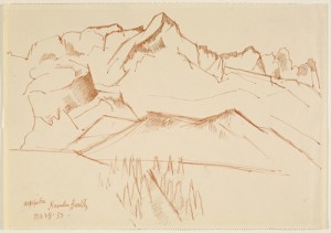 Marsden Hartley, Alpspitze, October 28, 1933, sepia ink on beige paper, 7 1/8 x 10 1/4 in., Marsden Hartley Memorial Collection, Gift of Norma Berger, 1955.1.31