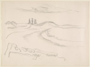 Marsden Hartley, [Seacoast with Sand Beach, Rocks, Trees, and Clouds], ca. 1936-43, graphite on beige paper, 8 1/4 x 10 3/8 in., Marsden Hartley Memorial Collection, Gift of Norma Berger, 1955.1.25