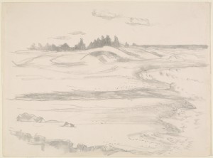 Marsden Hartley, [Seacoast with Sand Beach, Rocks, and Trees], ca. 1936-43, graphite on beige paper, 8 1/2 x 11 1/2 in., Marsden Hartley Memorial Collection, Gift of Norma Berger, 1955.1.24
