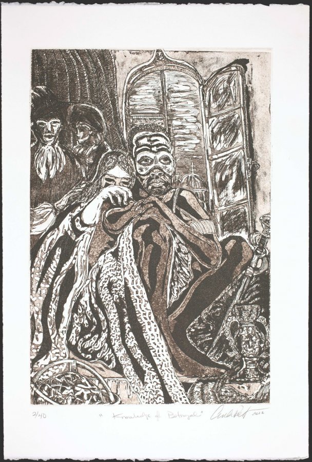 Curlee Raven Holton, Knowledge of Betrayal from Re-Imagining Othello in Sepia, 2012, etching, aquatint, dry point on paper, 22 1/2 x 15 inches, Museum purchase with the Leander W. Smith Fund and Elizabeth A. Gregory MD ’38 Fund