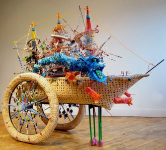 Nathalie Miebach, The Ghostly Crew of the Andrea Gail, 2011, reed, wood, data, 72 x 36 x 60 inches, courtesy of the artist