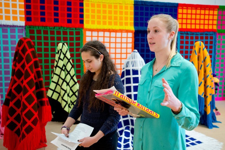 Eliza Pyne '13, right, and Irem Ikilizer speak during a gallery tour on March 15, 2013. Pyne and Ikilizer were interns for the artist Fransje Killaars as she installed her exhibition.