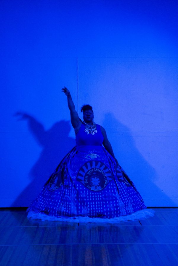 Vanessa German performing in Aetna Theater, Wadsworth Atheneum Museum of Art, Hartford, CT, 2016. Photo: Allen Phillips / Wadsworth Atheneum