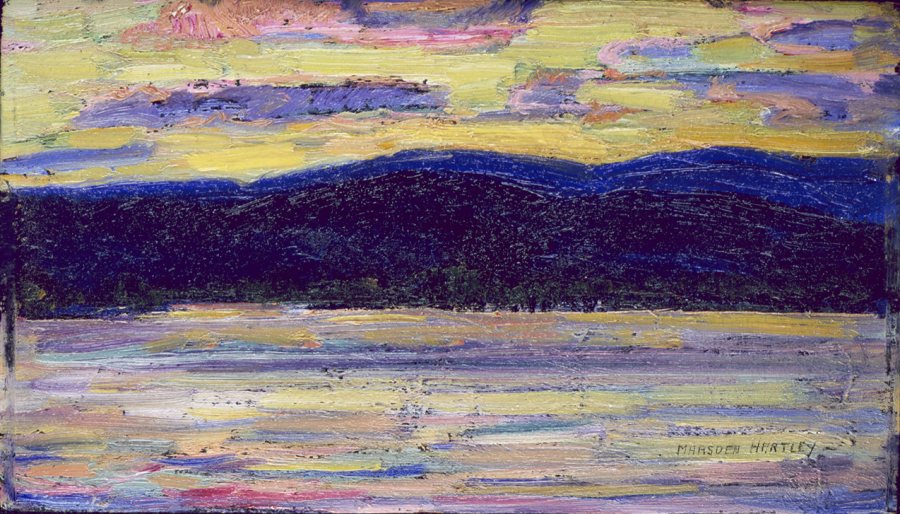 Marsden Hartley, Sundown, Kezar Lake, July 14, 1910, Oil on panel, 5 3/4 x 9 3/8 in., Bates College Museum of Art, Marsden Hartley Memorial Collection, Gift of Norma Berger, 1955.1.101