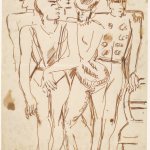 Marsden Hartley, [Group of Five Standing Figures], 1930s, Sepia ink on paper, 11 x 8 1/2 in., Bates College Museum of Art, Marsden Hartley Memorial Collection, Gift of Norma Berger, 1955.1.2.