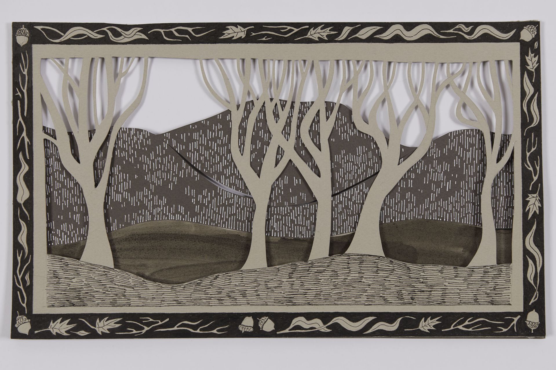 Sophie Gerry, Local Landscape 1, 2020, black ink wash, and black and white pen on toned paper, 12 x 7 inches
