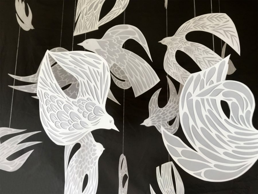 Sophie Gerry, Birds in Flight, 2020, bristol paper, vellum, and white thread, size range of 9 x 7 to 3 x 2 inches