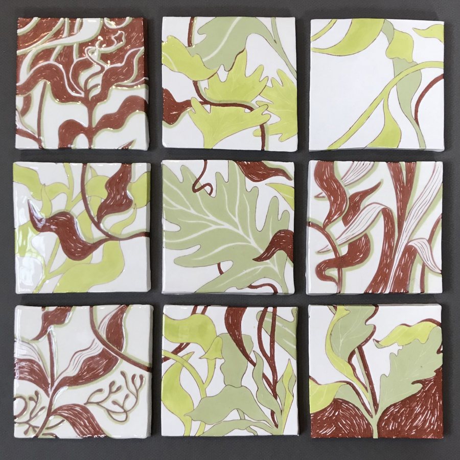 Sophie Gerry, Garden Tiles, 2020, earthenware with white slip, green underglaze and clear glaze, each 4 1/2 x 4 1/2 inches