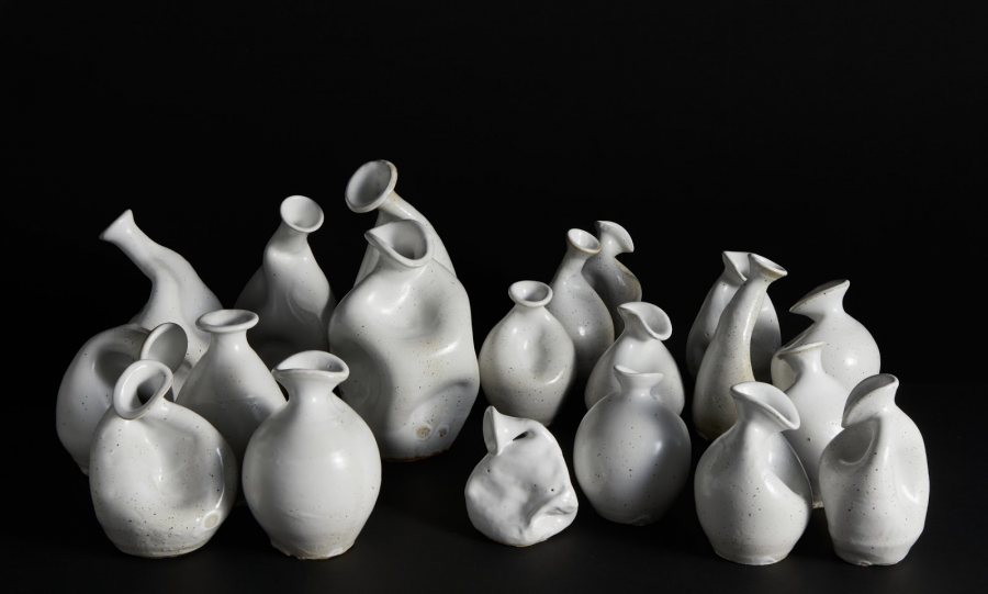 Celia Feal-Staub, Gut Feeling, 2019, reduction fired stoneware, sizes range from 4 x 3 x 4 to 4 x 4 x 12 inches