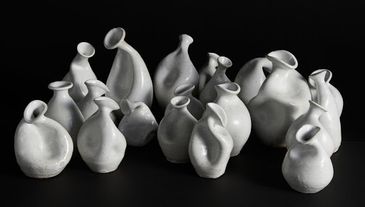Celia Feal-Staub, Gut Feeling, 2019, reduction fired stoneware, sizes range from 4 x 3 x 4 to 4 x 4 x 12 inches