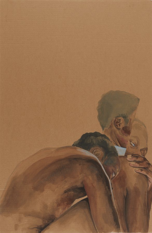 Mayele Alognon, Black skin on cardboard I , 2019, Gouache, 35 x 23 inches