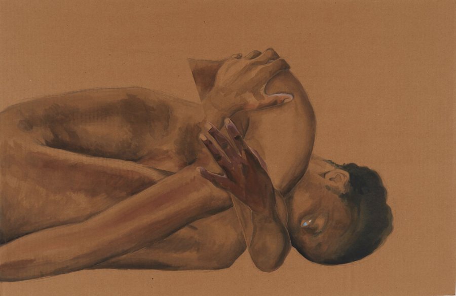 Mayele Alognon, Black skin on cardboard II, 2019, Gouache, 23 x 35 inches