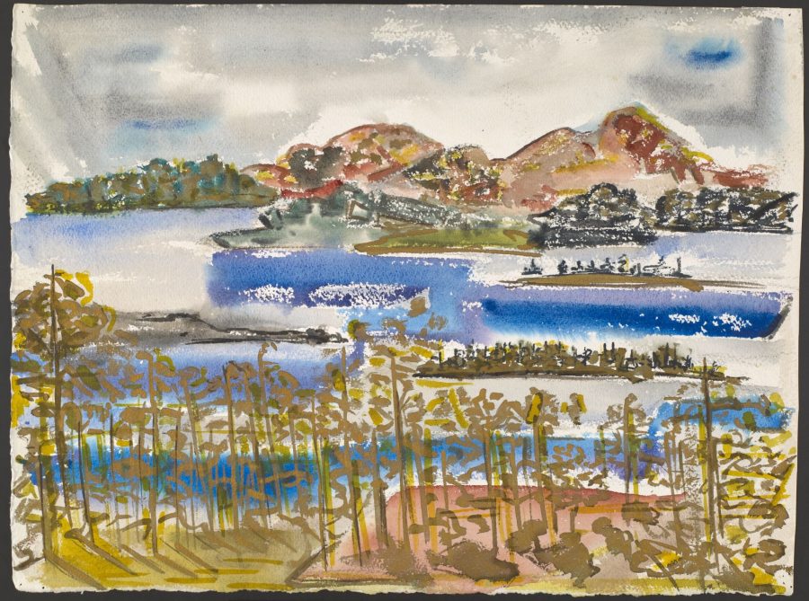 Chenoweth Hall, October on the Lake, watercolor on paper, Bates College Museum of Art, gift of Miriam Colwell for Chenoweth Hall