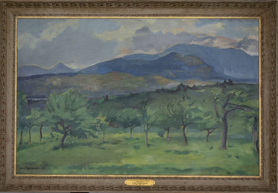 Borestone Mountain and Orchard, Monson (Distant Rain), 1911, oil on canvas mounted on masonite, 2018.5.86