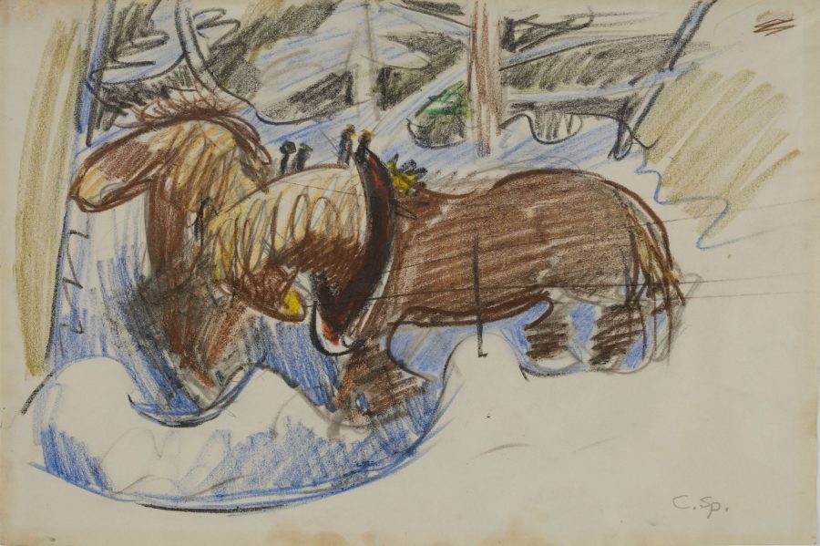 Winter Horse Team, Crommett Farm, 1937, crayon on paper, 2018.5.9