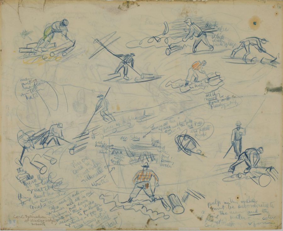 At Winding Ledges, Seboeis – Pulp within the Melee, 1941, crayon on paper, 2018.5.29a