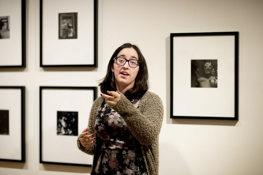During a visit to Bates College, students from the Tripp Middle School in Turner stop for a tour of the Bates Museum of Art, where they view two exhibitions on display.
Upstairs: "Vanessa German: Miracles and Glory Abound" (October 25, 2019 – March 28, 2020)
Downstairs: "Ralph Eugene Meatyard:
Stages for Being (October 25, 2019 – March 28, 2020)
Elizabeth Boyle, a museum literacy fellow at the Bates Museum of Art, offers insight into Ralph Eugene Meatyard's photography to students from Turner's Tripp Middle School.