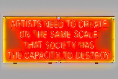 Lauren Bon, Artists Need to Create on the Same Scale That Society Has the Capacity to Destroy. Glass neon, metal brackets, 72” x 174”. Courtesy the artist and Metabolic Studio, Los Angeles. Photograph by Zack Garlitos. On view at Colby College Museum of Art.