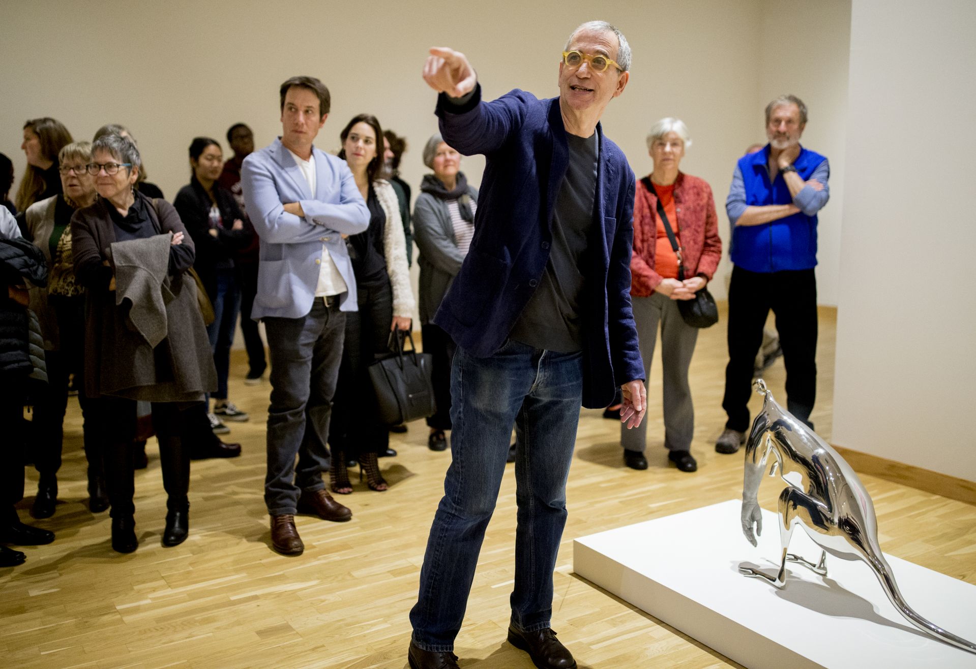 Sculptor Rona Pondick and painter Robert Feintuch have been an item since 1975, and have been notable presences in the art world since the ’80s.But only since February 2017 has it been possible to see a substantial selection of both their work combined in one exhibition. And only now has that exhibition come to Bates, where Feintuch is in his 42nd and final year on the art and visual culture faculty.Opening with a 6 p.m. gallery talk and reception on Oct. 27 at the Museum of Art, the exhibition Rona Pondick and Robert Feintuch: Heads, Hands, Feet; Sleeping, Holding, Dreaming, Dying was organized by museum director Dan Mills and made its debut nine months ago at the Utah Museum of Contemporary Art.Feintuch is a senior lecturer in art and visual culture at Bates.Feintuch and Pondick speak to crowd at Friday evening gallery talk.