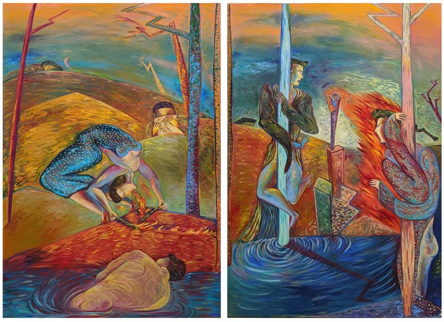 Phyllis Bramson (American, b. 1941), Stages of War, Siege 1 and States of War, Siege 2 (a pair), 1985, oil on canvas, Bates College Museum of Art purchase with the Jane Costello Wellehan Endowment Fund, 2020.3.1